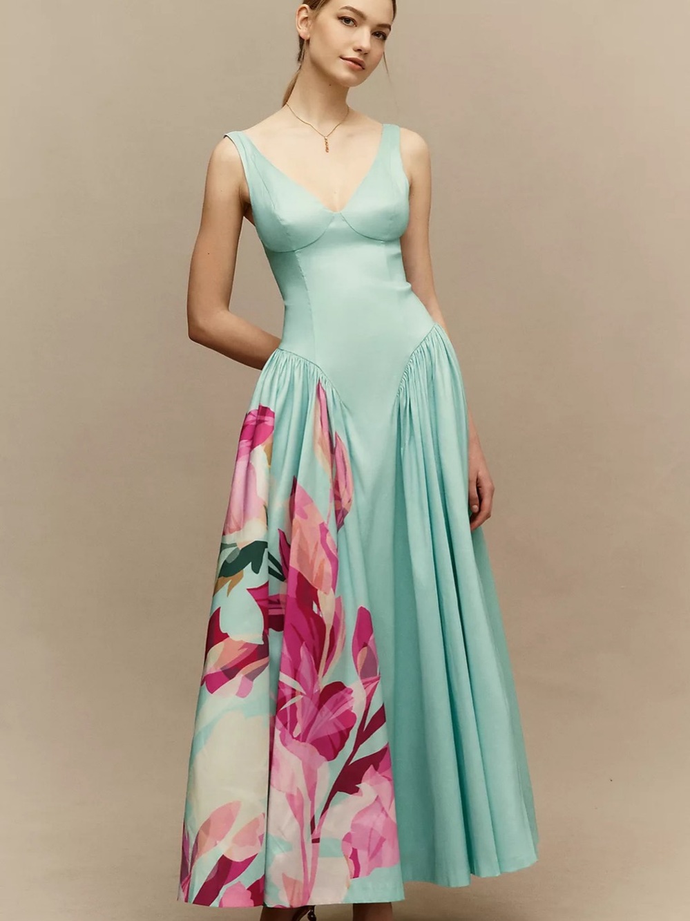 Hutch Gabriella V-Neck Drop-Waist Maxi Dress Blue & Pink BNWT